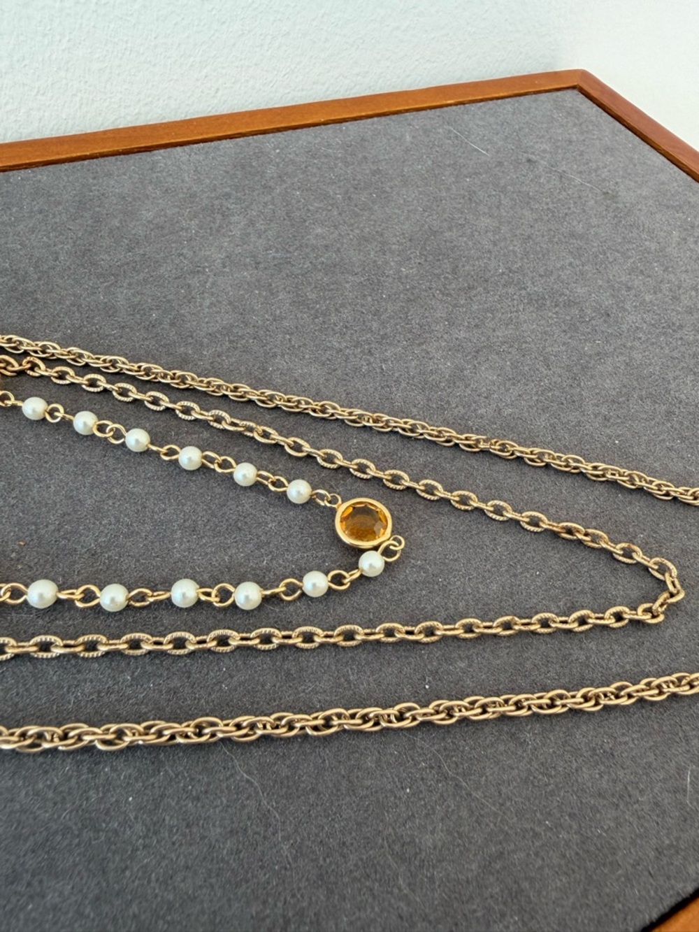Vintage Gold Tone Pearl & Citrine Crystal Accented Chain Necklace